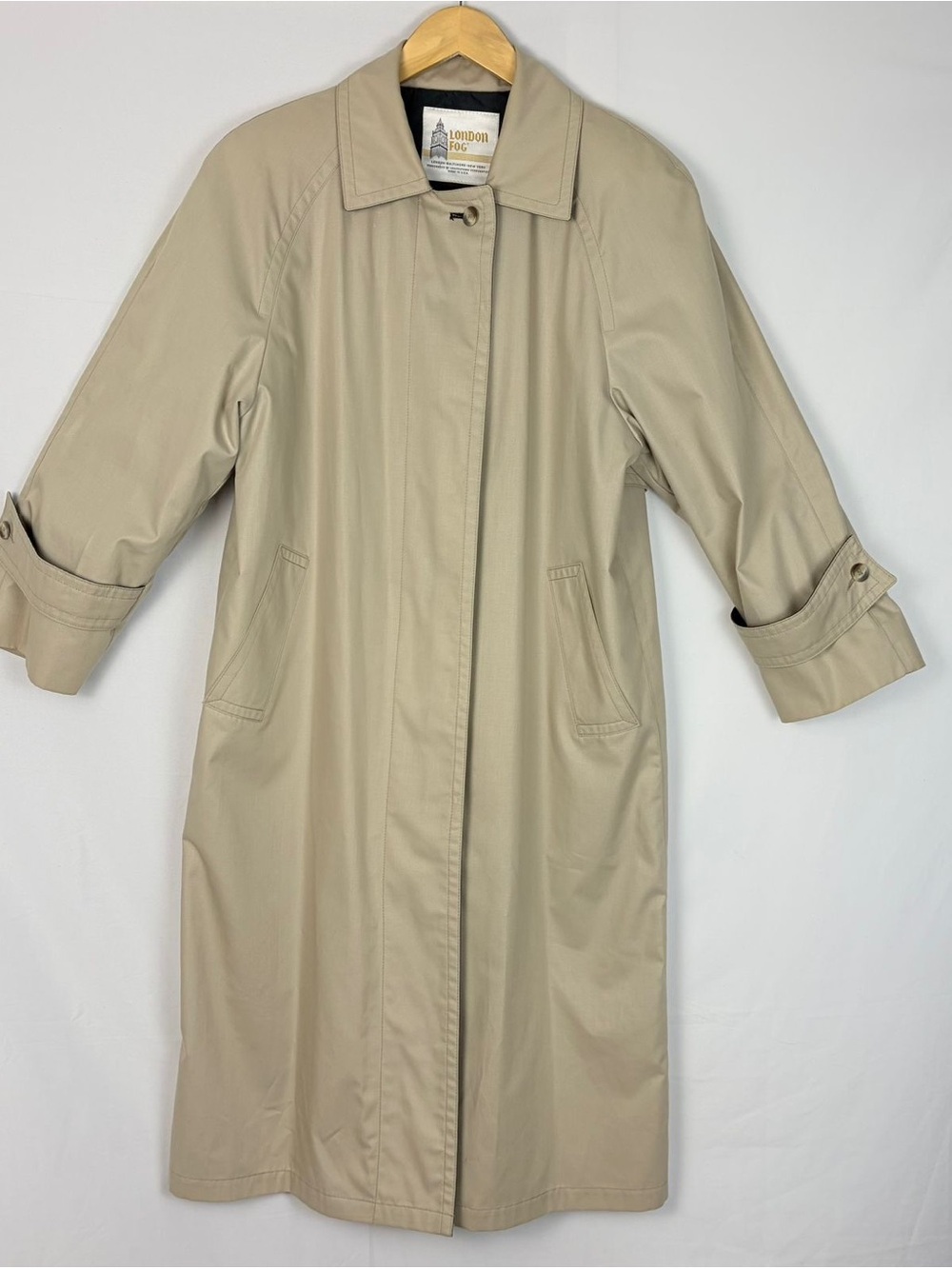 Vintage London Fog Womens 10 PET Beige Long Raincoat Trench Coat USA Made